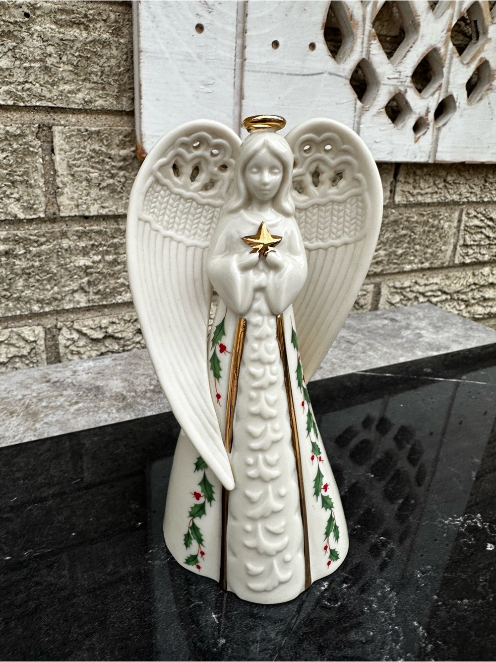 Lenox China Holiday Angel BELL with Star 6" Figurine Holly & Berry 851328
